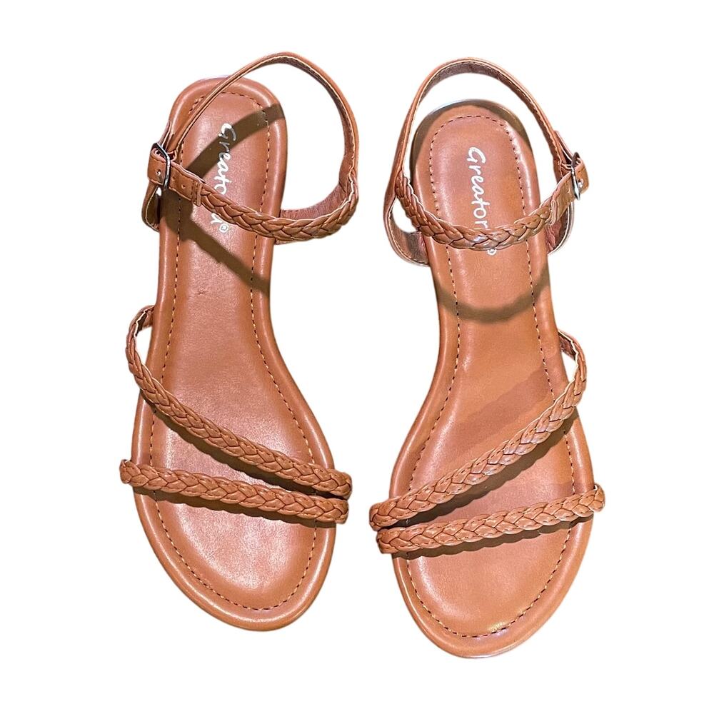 Greaton U Tan Faux Leather Bradided Strappy Sandals, Size 7.5
